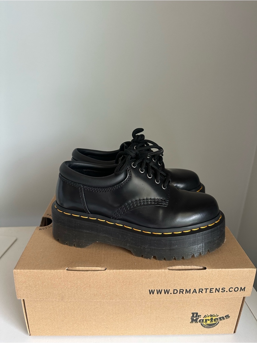 Dr. Martens Black Leather Platform 5-Eye Oxfords with Yellow Stitching